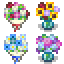 Pixel art flowers, in bouquets and vases.