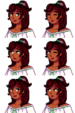6 portraits of a dark-skinned woman in pixel art style. She is seen with a regular expression, smiling, sad, winking, blushing, and serious.